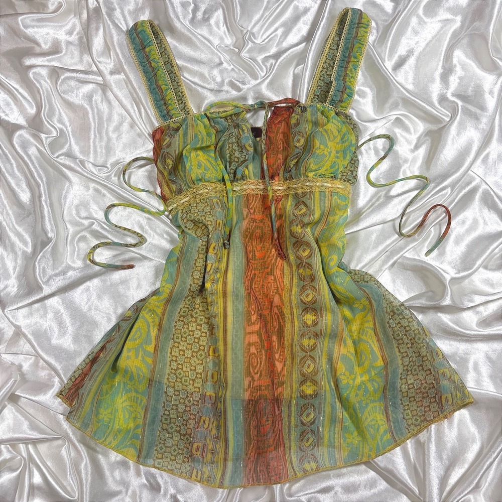 y2k Babydoll Top Yellow Excellent Bohemian Metallic Sheer Empire Waist Blouse